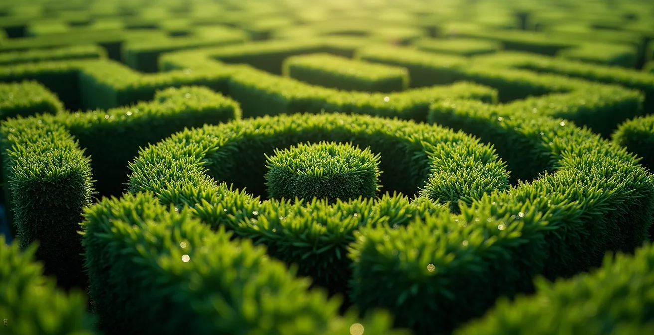Vue macro d'un labyrinthe végétal complexe symbolisant la complexité des niches fiscales en France
