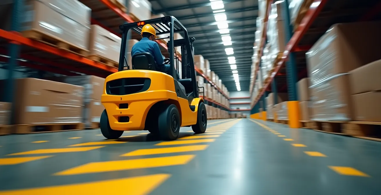 Chariots élévateurs circulant dans des allées d'entrepôt avec marquages de sécurité au sol