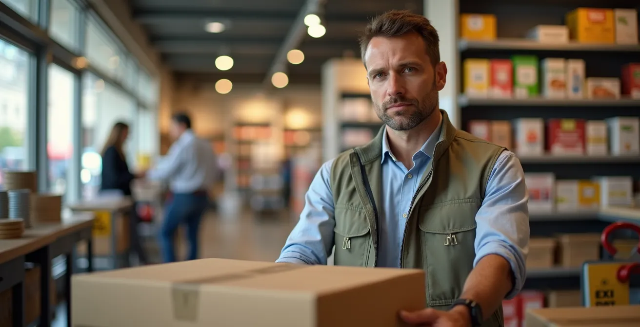 Vue d'ensemble d'un magasin français avec zone de préparation de commandes intégrée