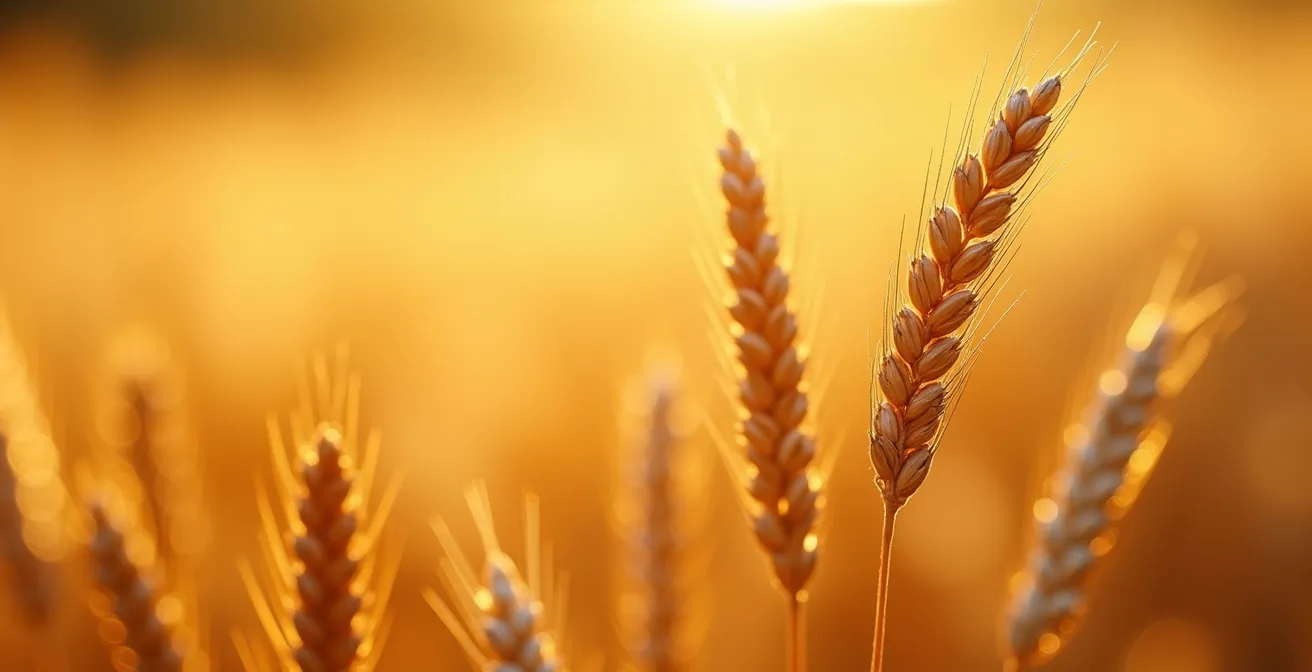 Vue macro de grains de blé dorés avec effet de profondeur de champ extrême