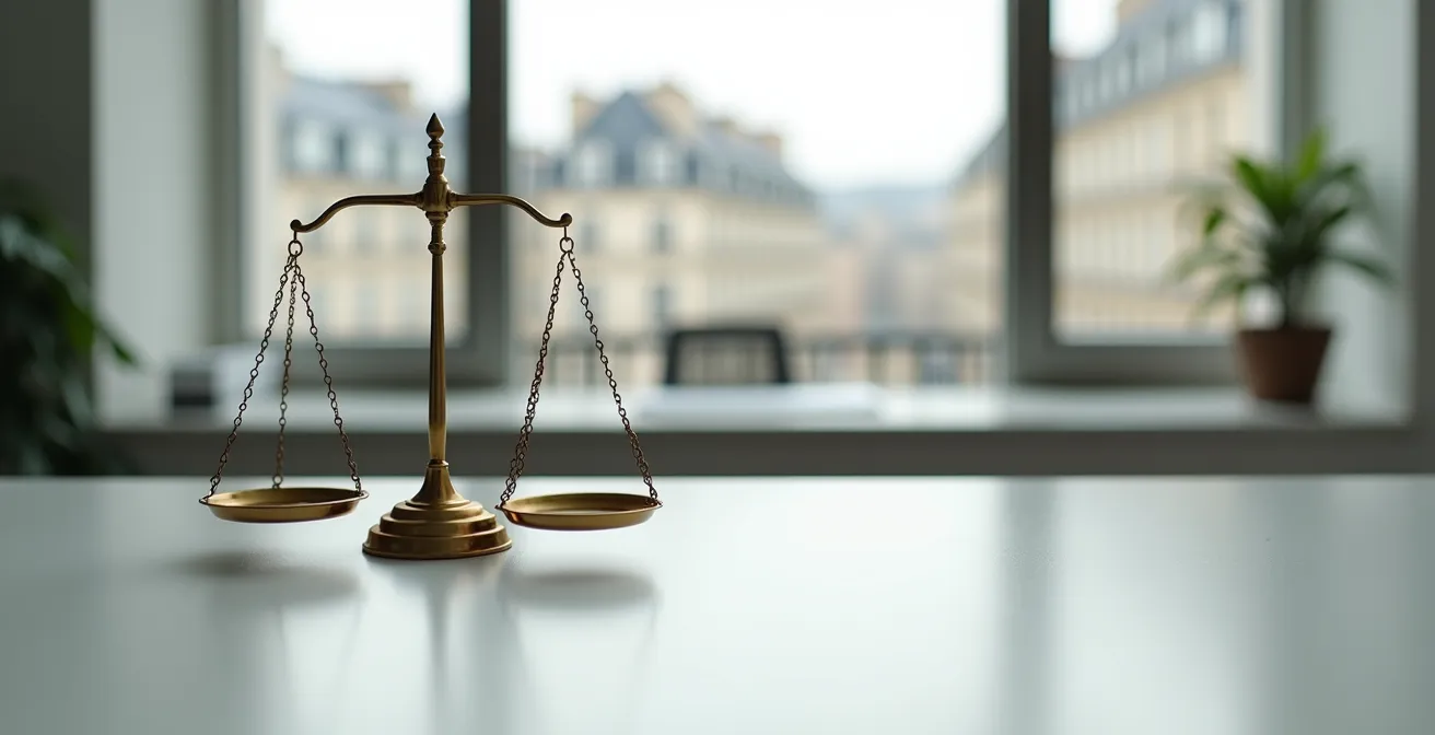 Espace de travail minimaliste avec balance en laiton symbolisant l'équilibre financier