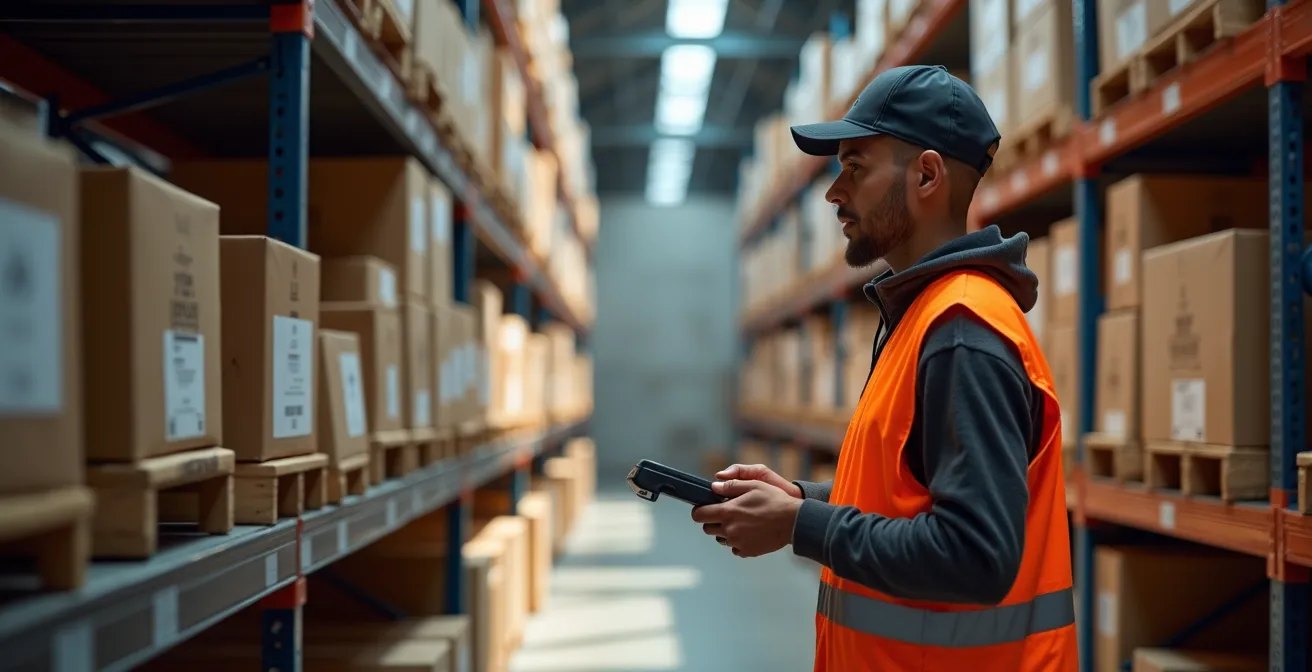 Préparateur de commande utilisant un terminal mobile dans les allées de stockage