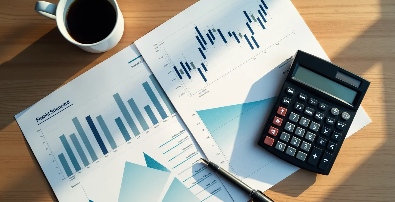 Vue aérienne minimaliste d'un bureau avec graphiques financiers abstraits