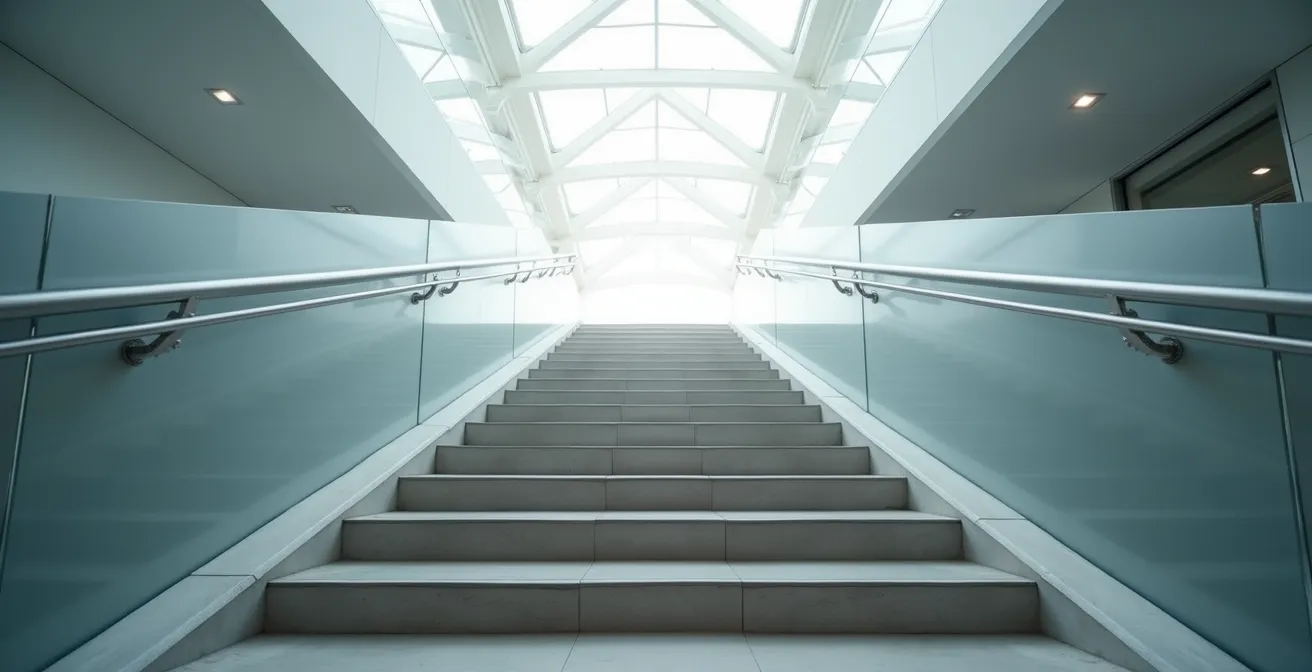 Composition symbolique avec escalier moderne représentant les niveaux de maîtrise fiscale