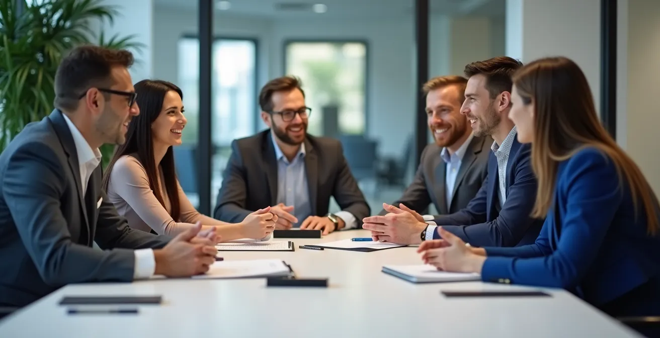 Réunion entre dirigeants d'entreprise et expert fiscal autour d'une table de travail