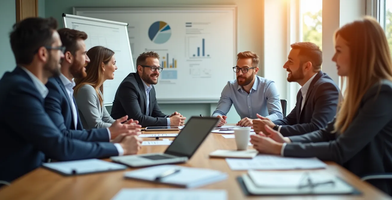 Réunion collaborative entre équipes commerciales et production autour d'une table de travail symbolisant le processus S&OP.