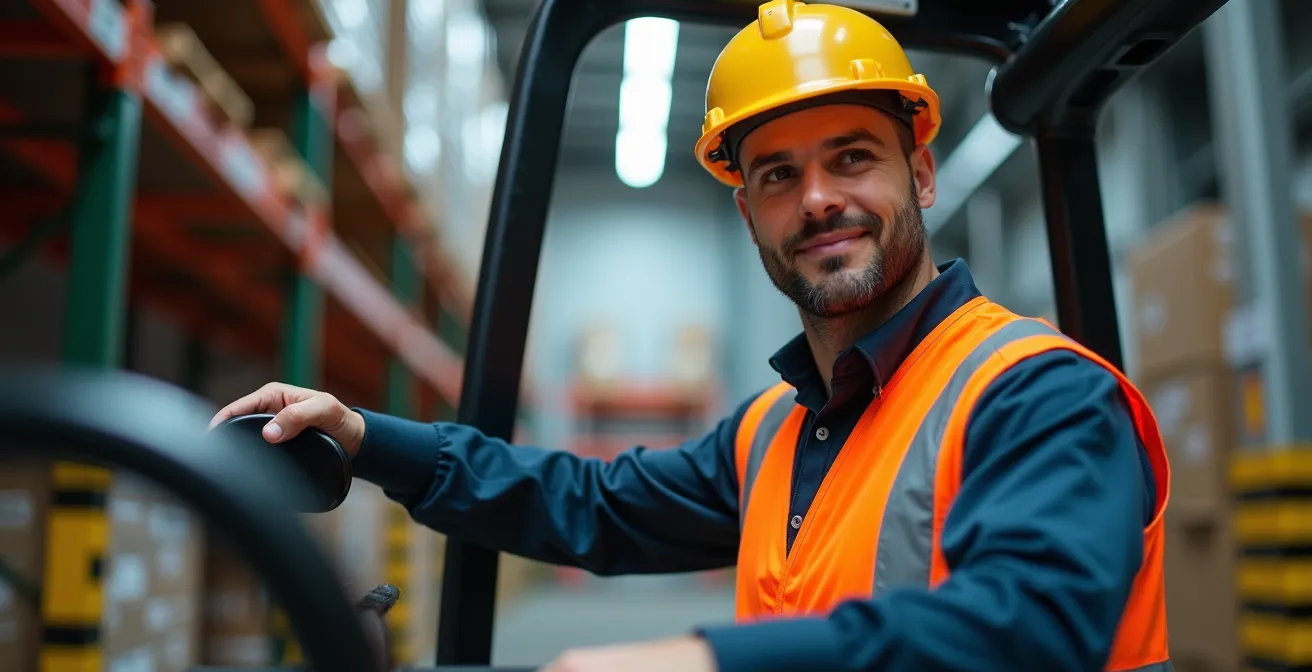 Opérateur d'entrepôt en équipement de protection manipulant un chariot élévateur en toute sécurité