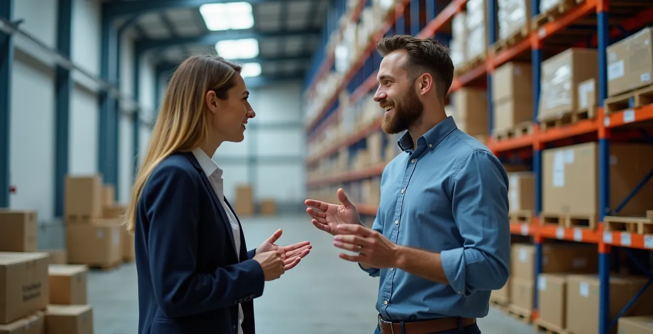 Entrepôt logistique moderne avec flux de marchandises et professionnels en discussion