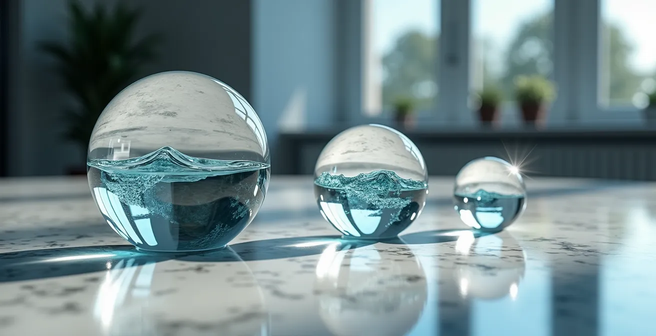 Composition photographique symbolique représentant trois sphères de verre sur une surface réfléchissante