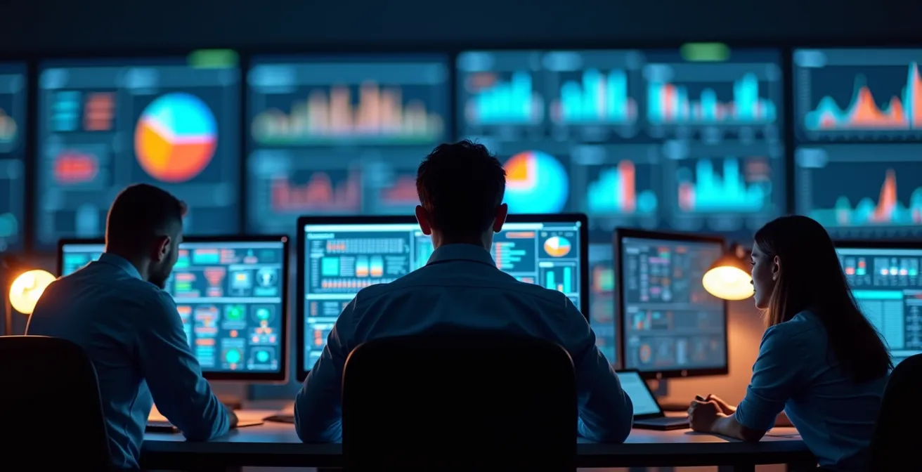 Centre de contrôle logistique avec tableaux de bord affichant des graphiques et indicateurs de performance abstraits.