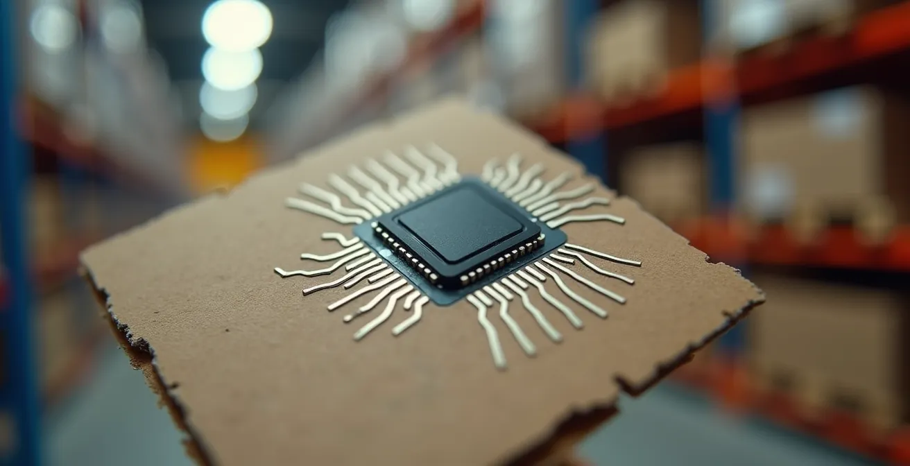 Détail macro d'une puce RFID sur emballage logistique avec effet de profondeur de champ