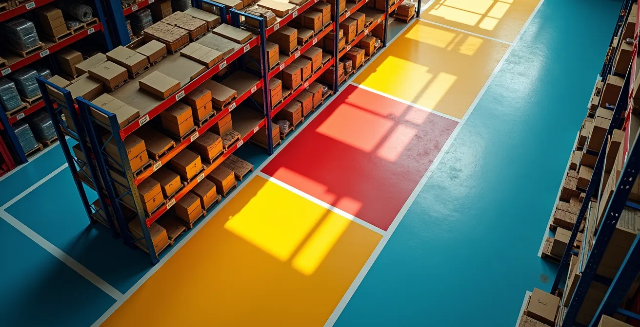 Vue aérienne d'un entrepôt montrant les différentes zones colorées et l'organisation des flux de marchandises