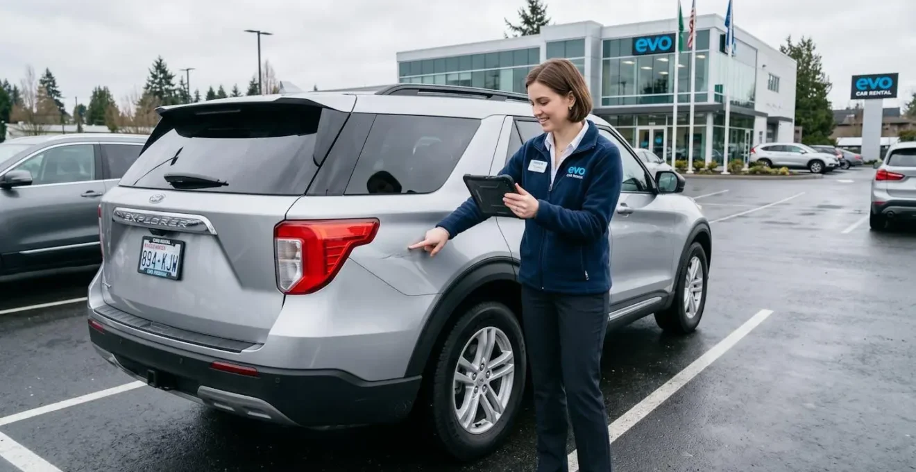 Agent de location réalisant un état des lieux numérique d'un véhicule avec une tablette, annotant les points de carrosserie sur une interface claire