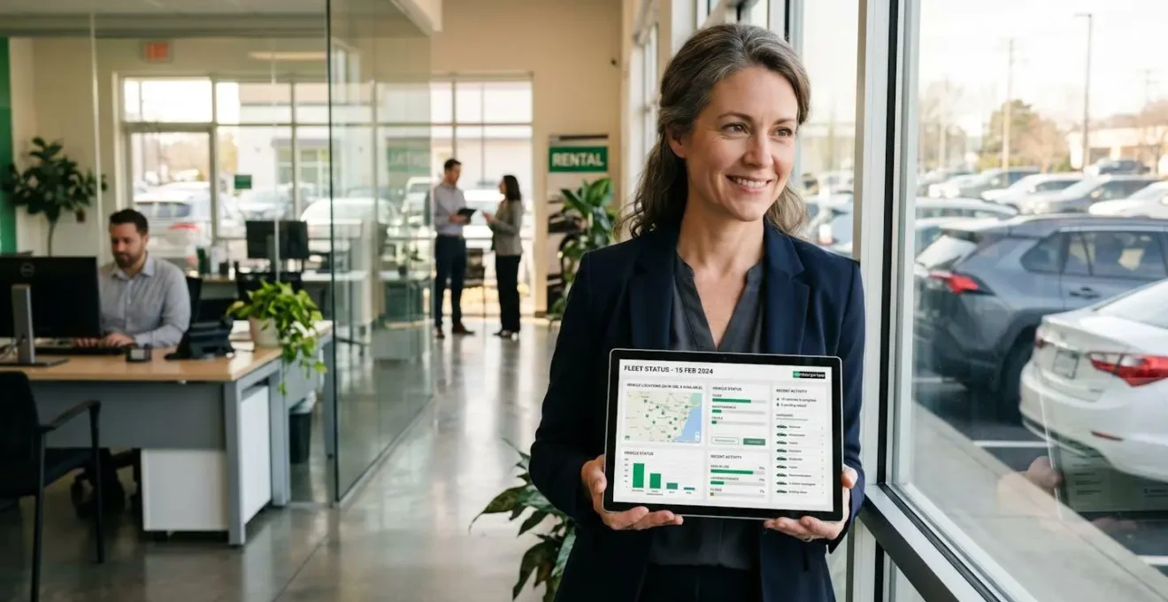 Gestionnaire de flotte automobile consultant un tableau de bord numérique sur une tablette dans un hall d'agence de location