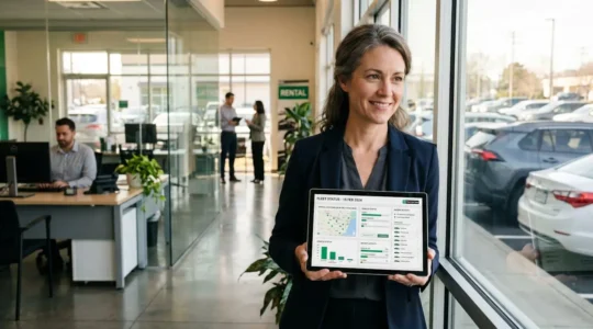 Gestionnaire de flotte automobile consultant un tableau de bord numérique sur une tablette dans un hall d'agence de location