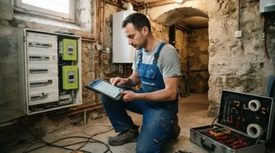 Technicien en bleu de travail complétant un formulaire d'intervention sur tablette face à un tableau électrique dans un local technique français