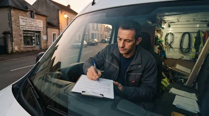 Technicien rédigeant manuellement un rapport d'intervention sur papier dans sa camionnette en fin de journée, lumière crépusculaire Technicien rédigeant manuellement un rapport d'intervention sur papier dans sa camionnette en fin de journée, lumière crépusculaire